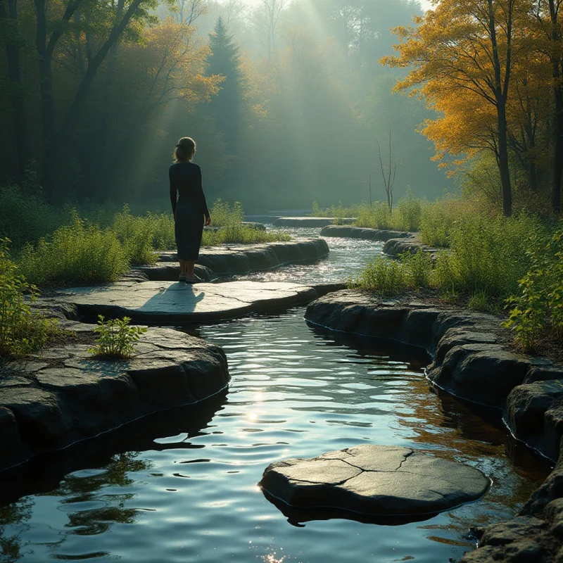 The scene features a winding stream flowing through a lush green landscape with trees displaying autumnal yellow foliage. Smooth, flat rocks of varying sizes are scattered throughout the water and along the banks, contrasting with the softer textures of grasses and dense woods in the background. Strong rays of light penetrate from above, creating bright highlights on the water’s surface and casting long shadows, while a figure stands silhouetted against this luminous backdrop in the distance.