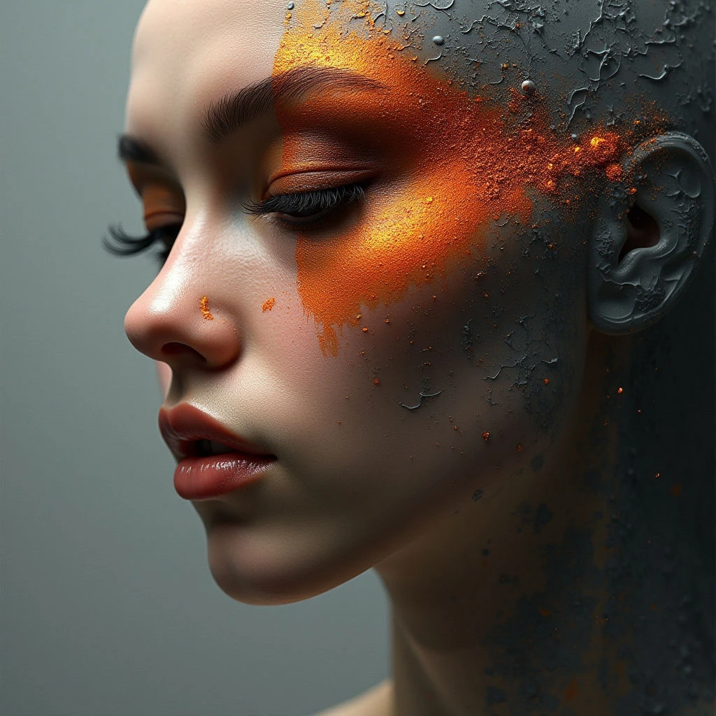 The image features a close-up profile of a face with an emphasis on contrasting textures and tones. Warm orange pigment is applied to the upper portion of the face, juxtaposed against cooler gray shading that covers the lower half and extends behind the head; both areas exhibit granular, uneven surfaces. Soft light illuminates the facial features while maintaining shadow in the recesses of the textured areas, creating a sense of depth despite the shallow spatial plane.