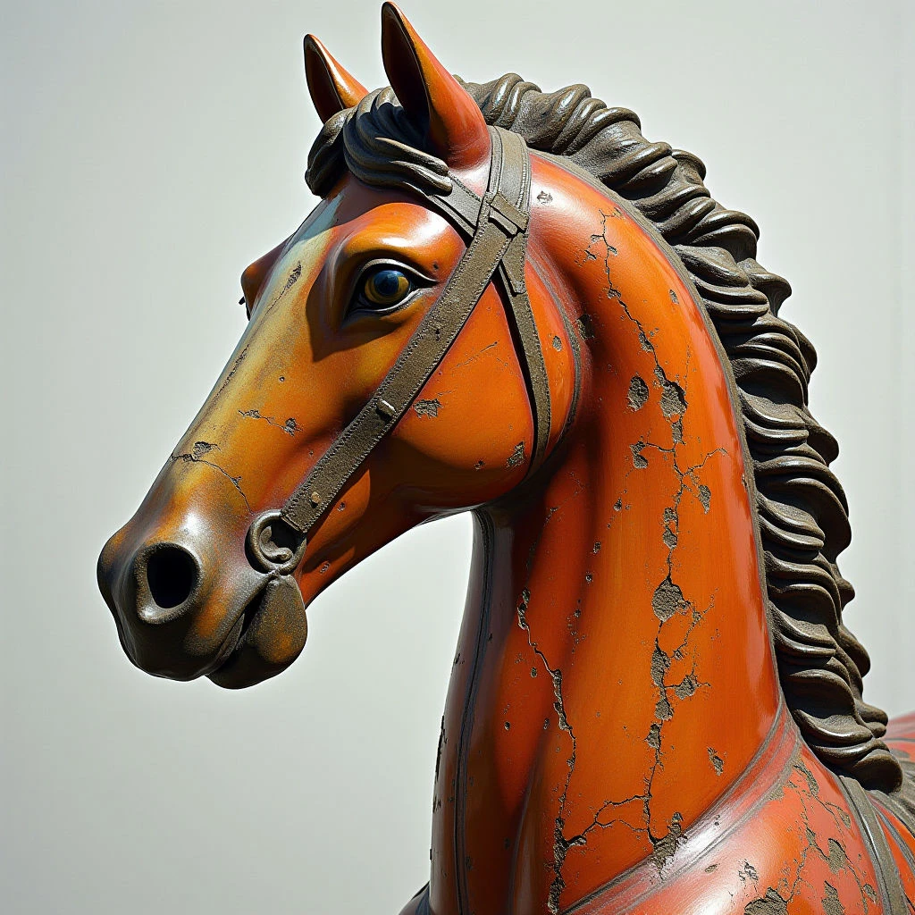 The image depicts a close-up of a horse’s head and neck, primarily in shades of orange with darker brown accents. The surface exhibits a cracked texture across much of the orange paint, contrasting with smoother areas around the mane and bridle. Light highlights the rounded forms of the face and neck, while shadows define the spatial depth within the carved details and along the edges of the form against a neutral background.