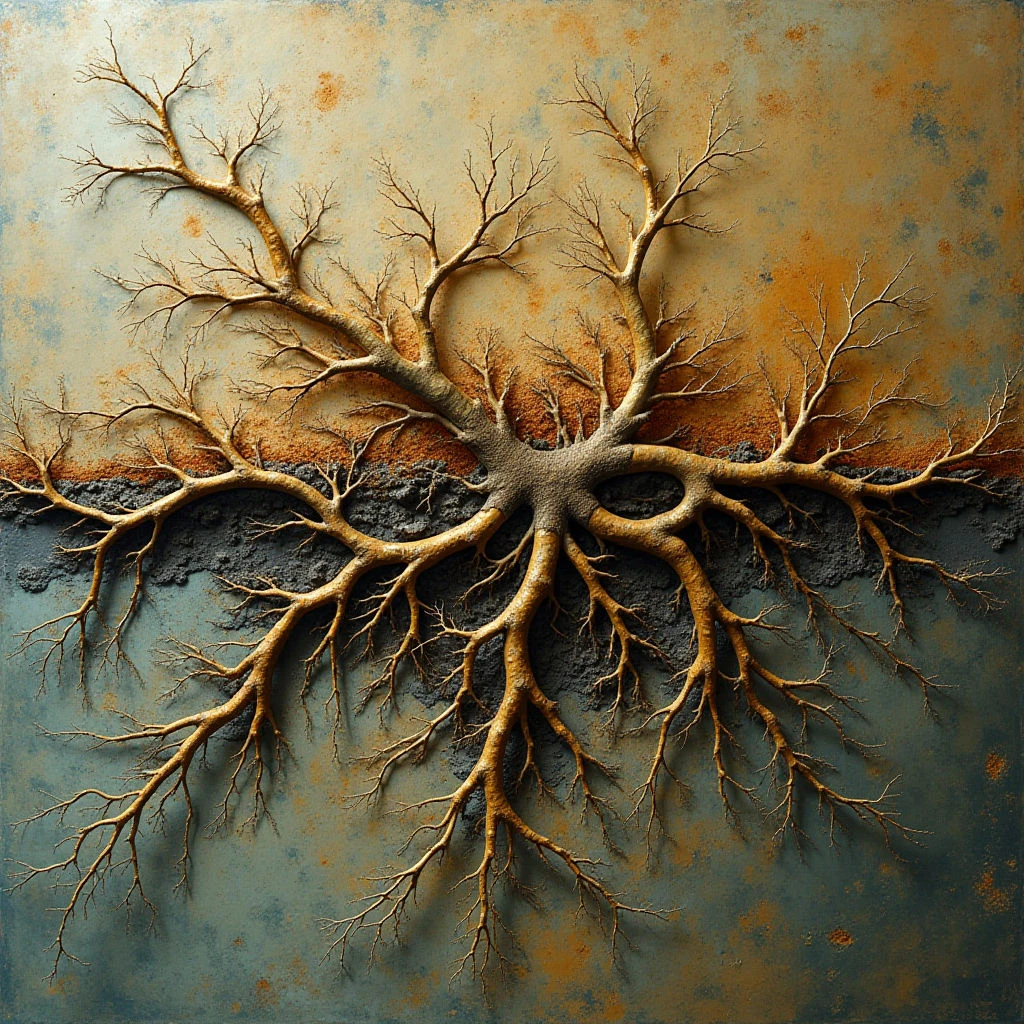 The image depicts a tree form with exposed roots and branches against a divided background of muted gold and teal hues. A rough, textured surface is evident throughout, particularly in the detailed root system and bark-like branches, contrasting with smoother areas of color variation above and below. The composition centers on a symmetrical arrangement, with the roots mirroring the branching pattern above and creating depth through layered shapes that project forward from a flat plane.