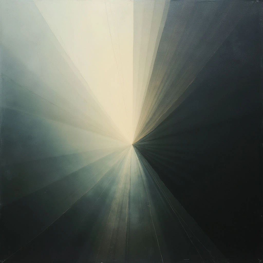 A bright, pale light emanates from a central point, radiating outwards in sharp beams. The surrounding space is filled with shades of gray and black that darken as they move away from the source. These tones are arranged in converging lines, creating a sense of depth and perspective drawing the eye inward.