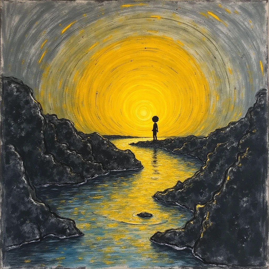 The image features a central burst of radiating yellow light against a grey background with concentric circular brushstrokes. Dark, textured rock formations flank a body of water reflecting the yellow glow, creating a sense of depth and enclosure. A small figure stands on a narrow point within the water, positioned centrally beneath the brightest area of light, while a single ripple disturbs the surface near the foreground.