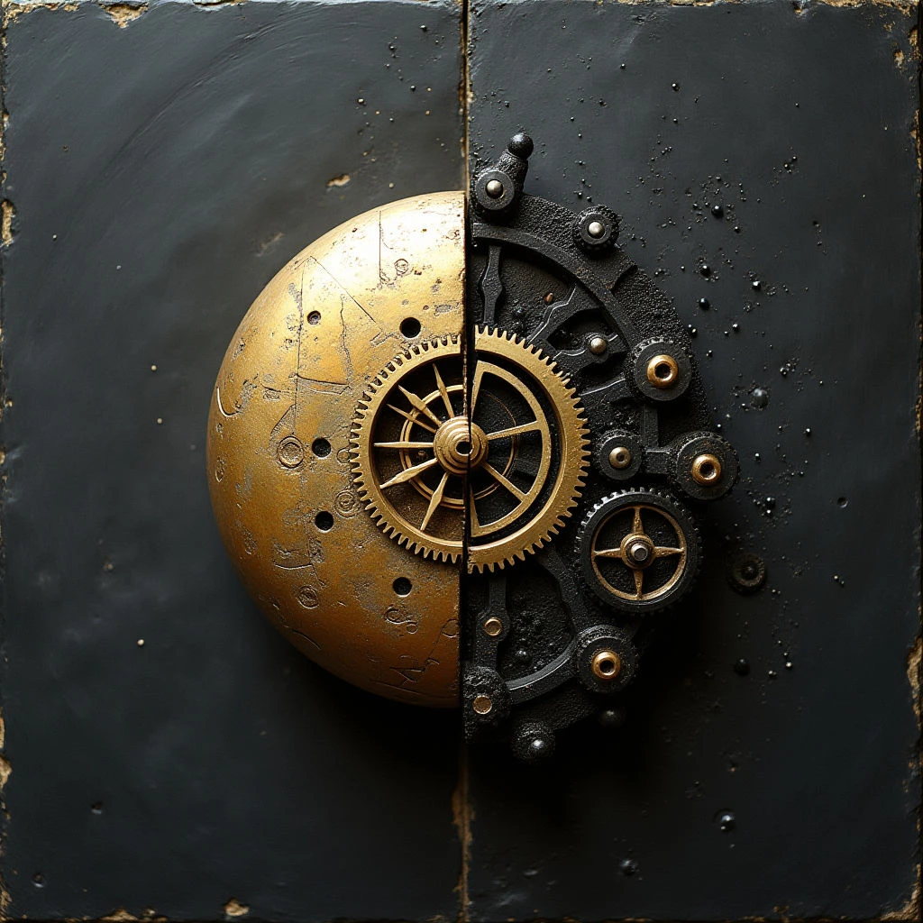 The image is divided vertically into two distinct sections: a smooth, golden hemisphere and a complex arrangement of dark metal gears and mechanisms. The gold surface appears slightly textured with small imperfections while the metal components exhibit a rougher, more detailed tactile quality. Light sources highlight both sides, creating shadows that emphasize depth within the gear assembly and a subtle roundness to the hemisphere, set against a uniformly dark background.