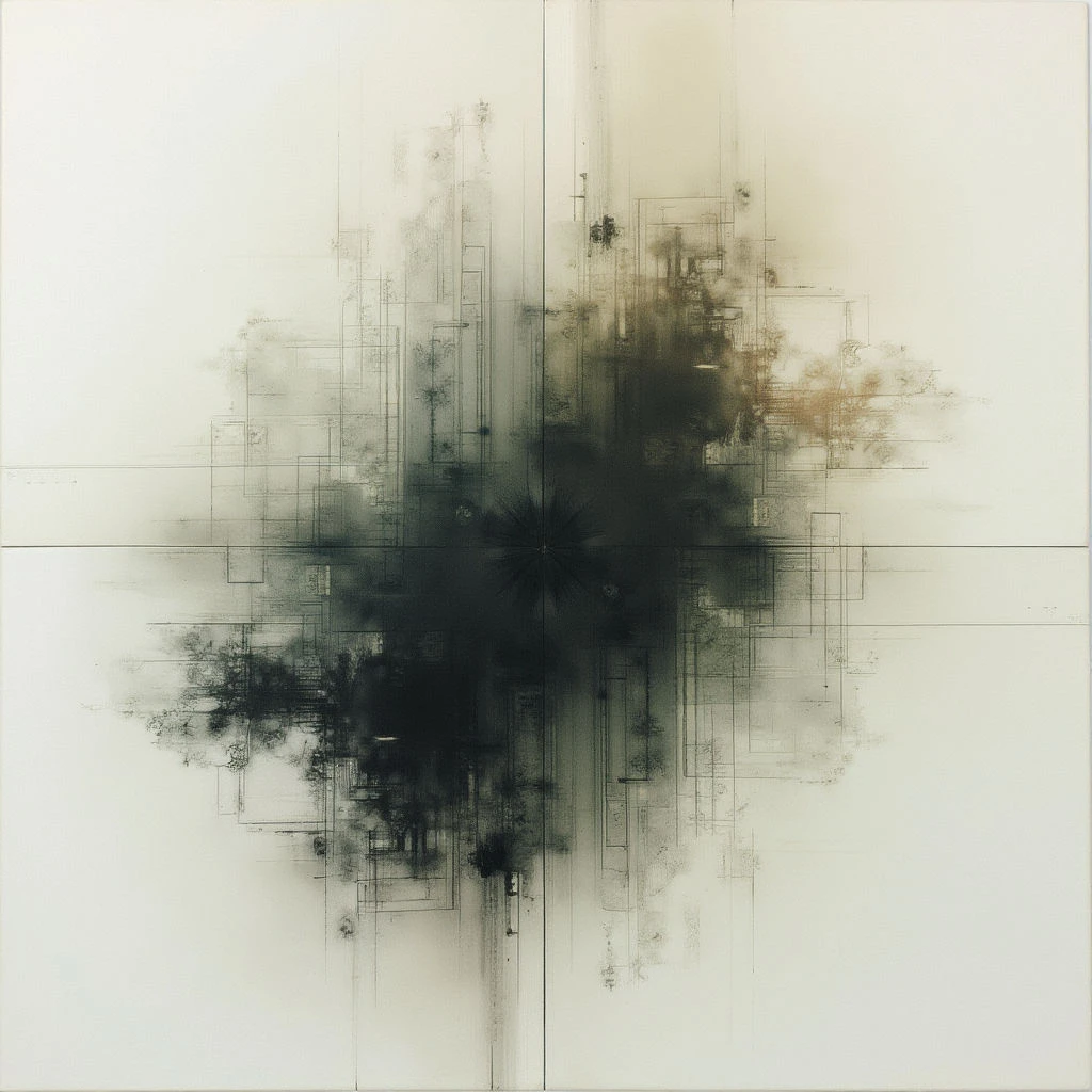 A dark, central mass explodes outwards on a pale background, resembling a starburst or fractured point of impact. Fine lines and geometric shapes radiate from the core, becoming increasingly blurred and dispersed as they extend towards the edges. The overall effect is one of controlled chaos and subtle layering, with hints of brown and grey within the darker area.