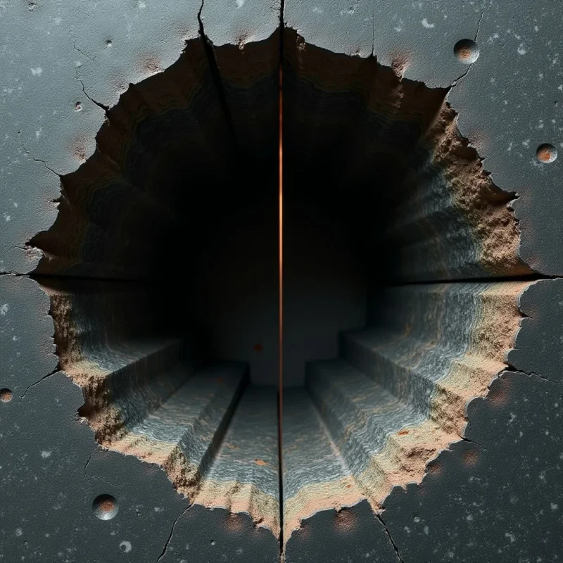 A dark, circular void with jagged, irregular edges is centered within a smooth, slate-gray surface marked by fine cracks and small indentations. The interior of the opening reveals layered, stepped ridges in shades of muted blue and earthy tan, converging toward a central vertical divide. Dim light catches the textured, sandy edges of the crater while leaving the deep recesses in heavy shadow.