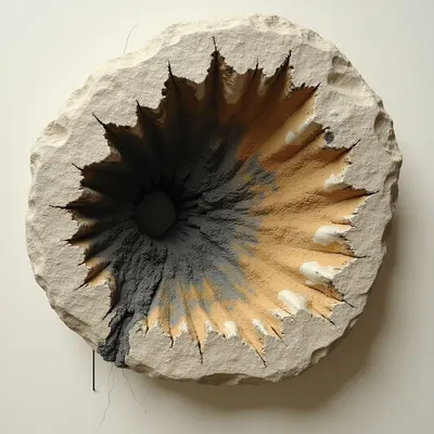 A circular, crater-like form features a rough, beige exterior that transitions into jagged, radiating ridges of tan and dark charcoal grey. The composition moves from a textured, stone-like perimeter toward a deep, shadowed central void, creating a sense of inward depth. Soft, diffused light illuminates the raised edges while casting shadows within the irregular crevices and the hollow core.