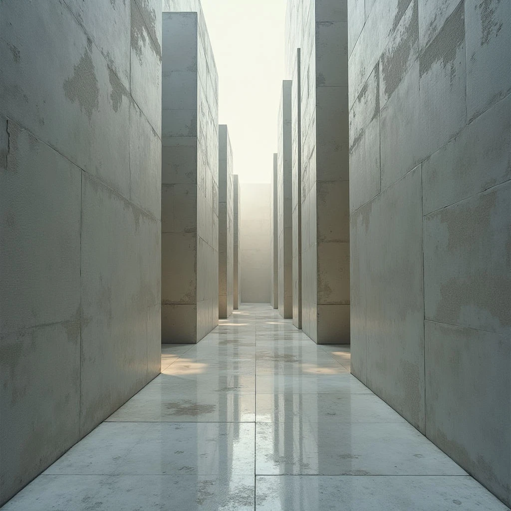 A long, narrow hallway stretches into the distance, walled by massive concrete structures. Sunlight filters down between the pillars, creating beams of light and reflections on the polished floor. The space feels stark, quiet, and overwhelmingly monumental in its scale.