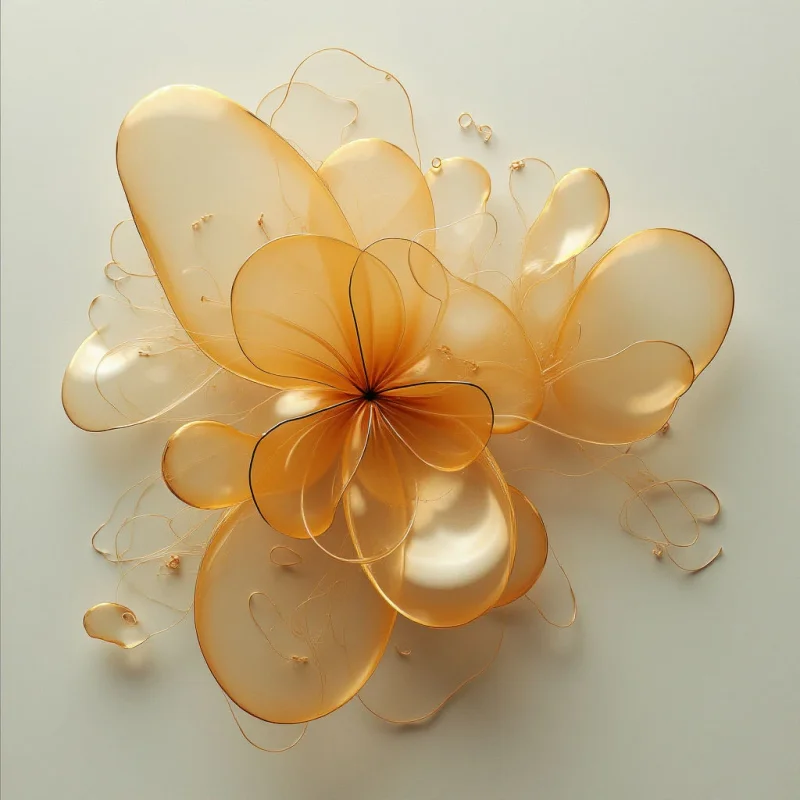A translucent, amber flower shape rests on a pale surface. The petals are rounded and overlapping, with thin filaments extending outwards like delicate tendrils. Light shines through the material, creating subtle highlights and shadows within its form.