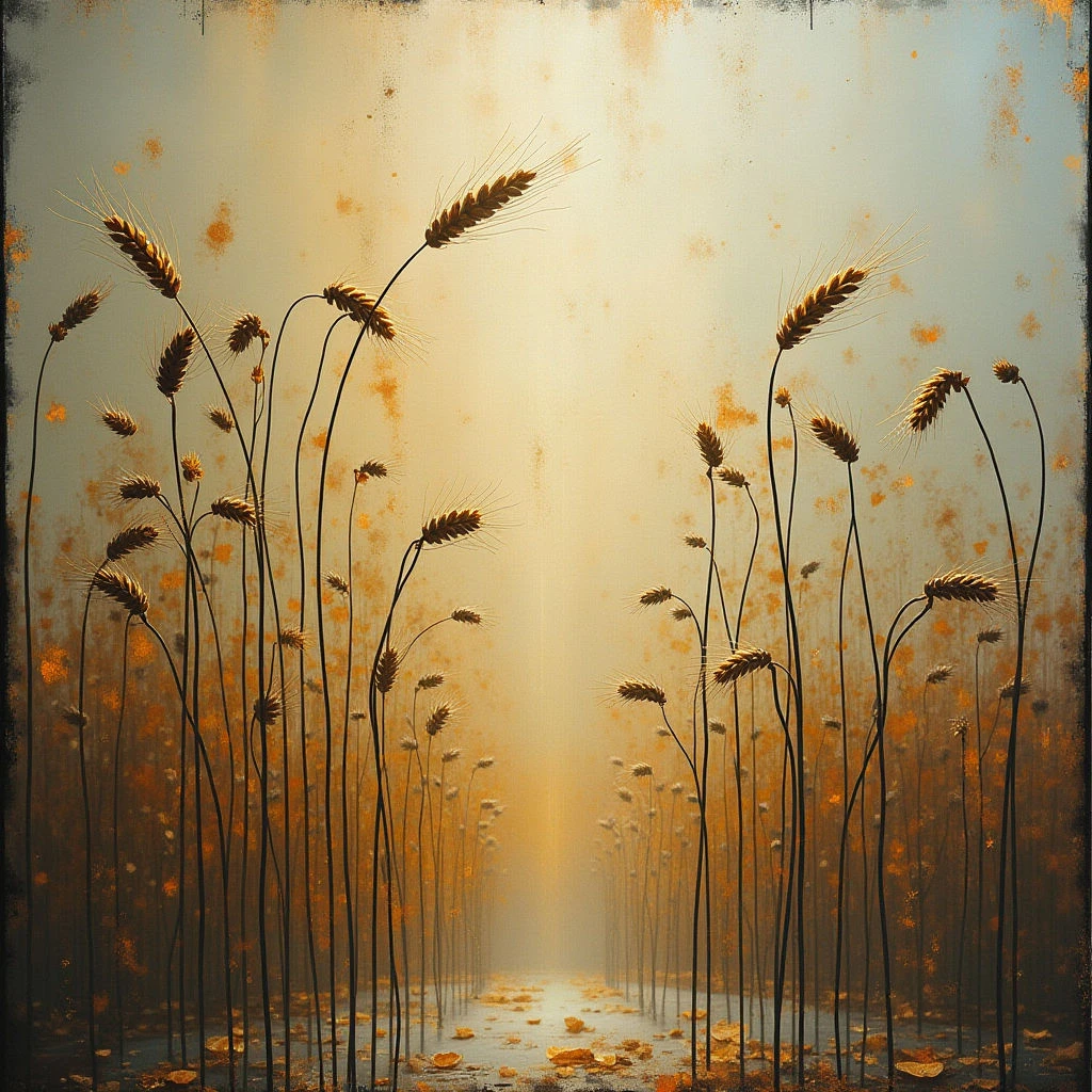 A field of golden wheat stalks stretches into a hazy distance, converging towards a bright, glowing light. The ground is covered with fallen grains and appears damp, reflecting the soft illumination. An ethereal mist hangs in the air, creating a sense of quiet solitude within the landscape.