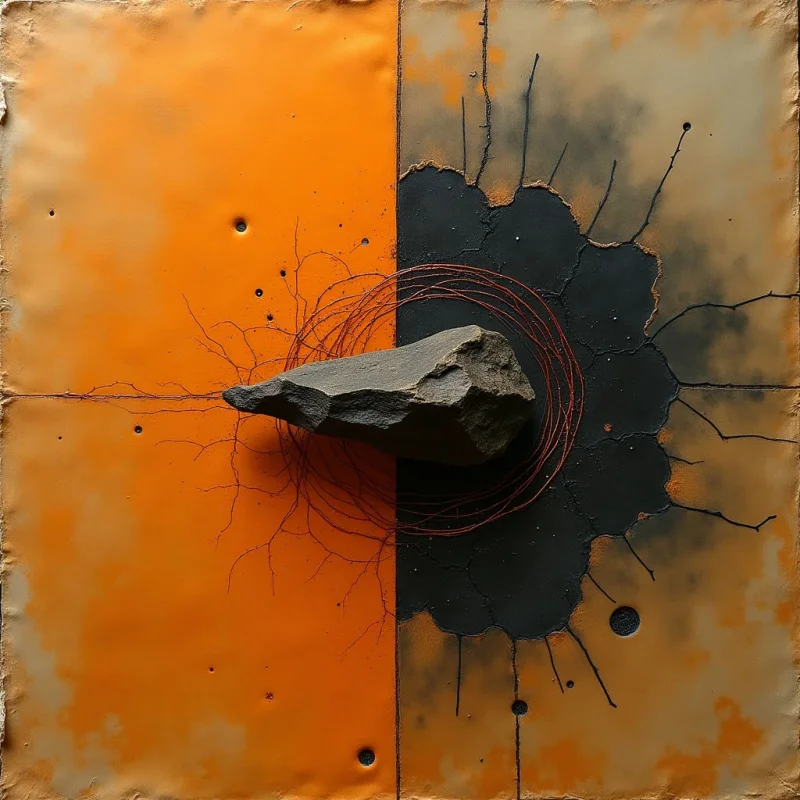 A textured, dark gray stone sits at the center of a split background composed of solid orange and mottled beige panels. A circular swirl of thin red lines surrounds the rock, extending into jagged, vein-like patterns across both halves of the composition. Dark, irregular shapes bleed from the right side toward the center, creating a stark contrast against the lighter tones.