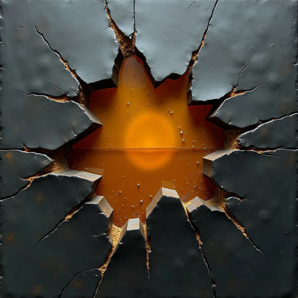 The image features a dark, fractured surface with a central opening filled by a glowing orange liquid. The surrounding material appears rough and cracked, contrasting with the smooth, reflective quality of the fluid within the void, which radiates light outwards. Sharp, angular shapes define both the broken edges of the surface and the forms partially submerged in the liquid, creating a sense of depth despite the largely flat perspective.