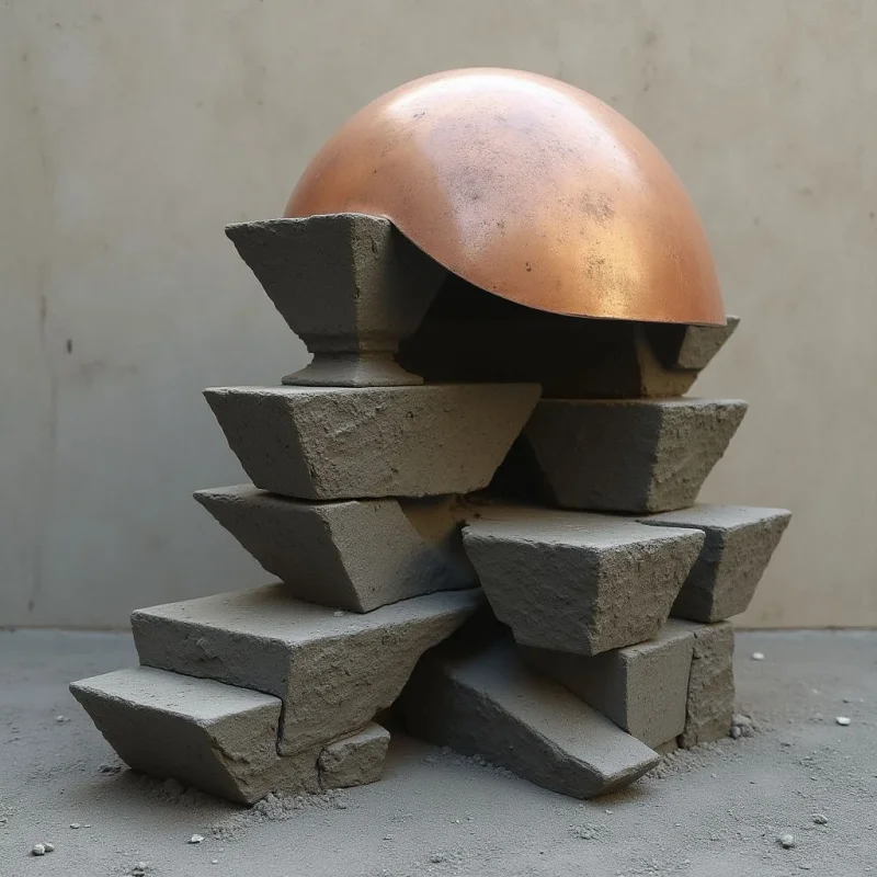 The scene features a copper-toned dome resting atop an irregular stack of roughly textured, gray concrete blocks. The blocks vary in size and angle, creating a stepped, pyramidal form that supports the smooth, reflective curve above. Soft light illuminates the arrangement from the left, casting subtle shadows within the crevices of the blocks and across the surface of the dome and floor.
