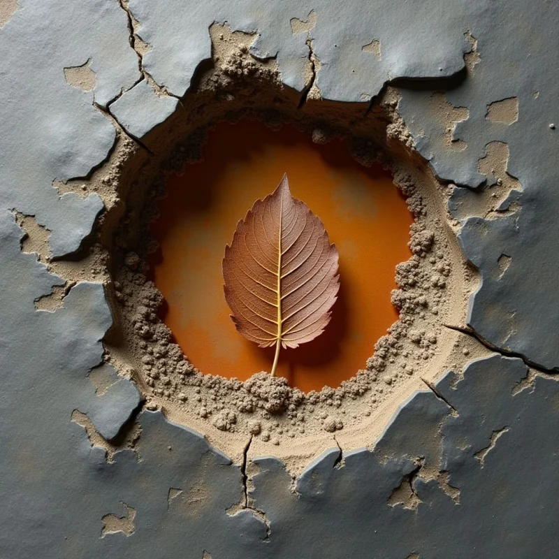 A single brown, textured leaf rests centered within a circular opening of coarse, sandy material. This opening is surrounded by a cracked, matte grey surface that features irregular jagged edges and deep fissures. Warm orange light illuminates the interior space, creating a sharp contrast with the cool, dark tones of the outer crust.