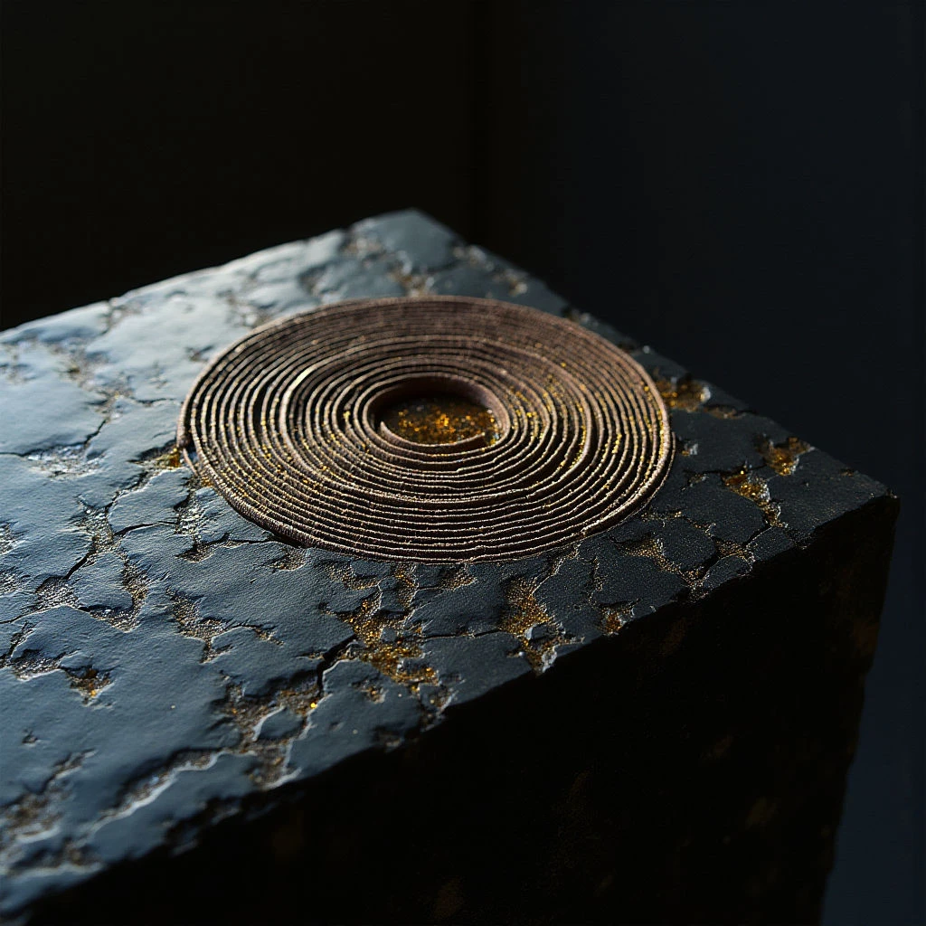 The image features a dark, roughly textured cube with a spiraling form embedded in its upper surface. The color palette is dominated by deep blues and browns, accented by flecks of gold within the cube’s fissures and along the spiral's edges. Light appears to originate from the left, casting shadows that emphasize the uneven texture of the cube and creating depth within the central circular opening of the spiral.