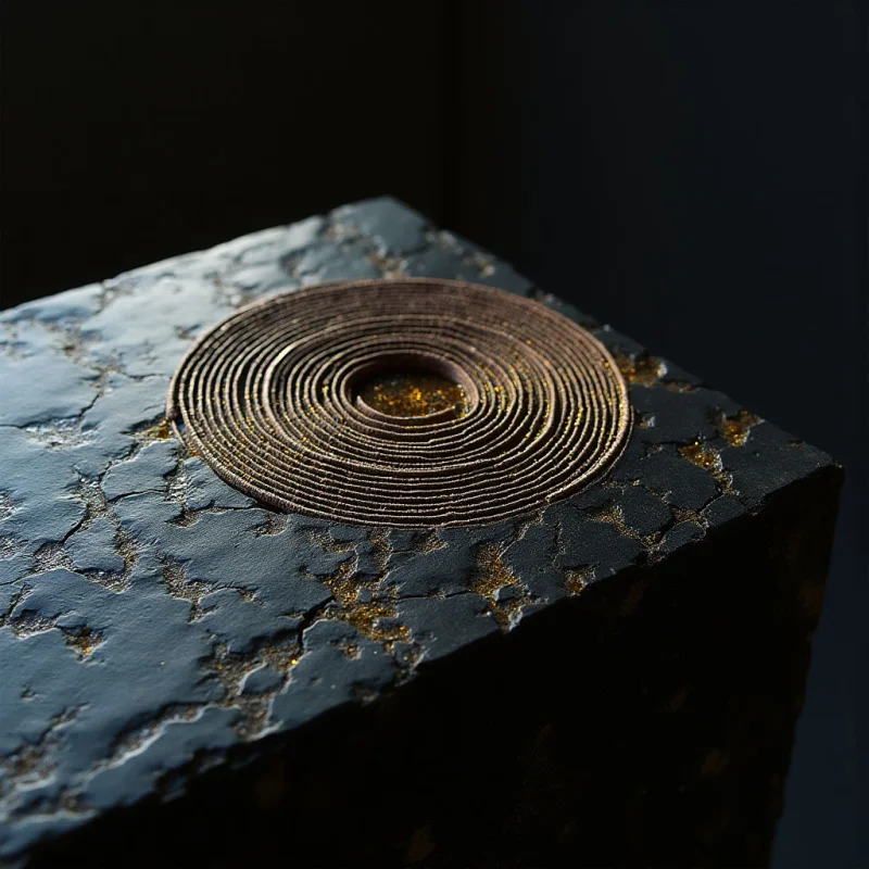 The image features a dark, roughly textured cube with a spiraling form embedded in its upper surface. The color palette is dominated by deep blues and browns, accented by flecks of gold within the cube’s fissures and along the spiral's edges. Light appears to originate from the left, casting shadows that emphasize the uneven texture of the cube and creating depth within the central circular opening of the spiral.