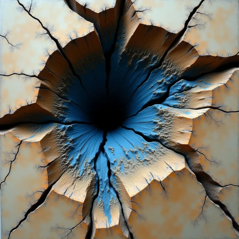 A deep, dark void sits at the center of a fractured surface, surrounded by radiating cracks that extend toward the edges. The palette transitions from light beige and tan on the outer surfaces to vibrant shades of blue within the recessed depths. Jagged, irregular shapes define the broken terrain, which features a mix of smooth planes and gritty, granular textures under soft, diffused lighting.