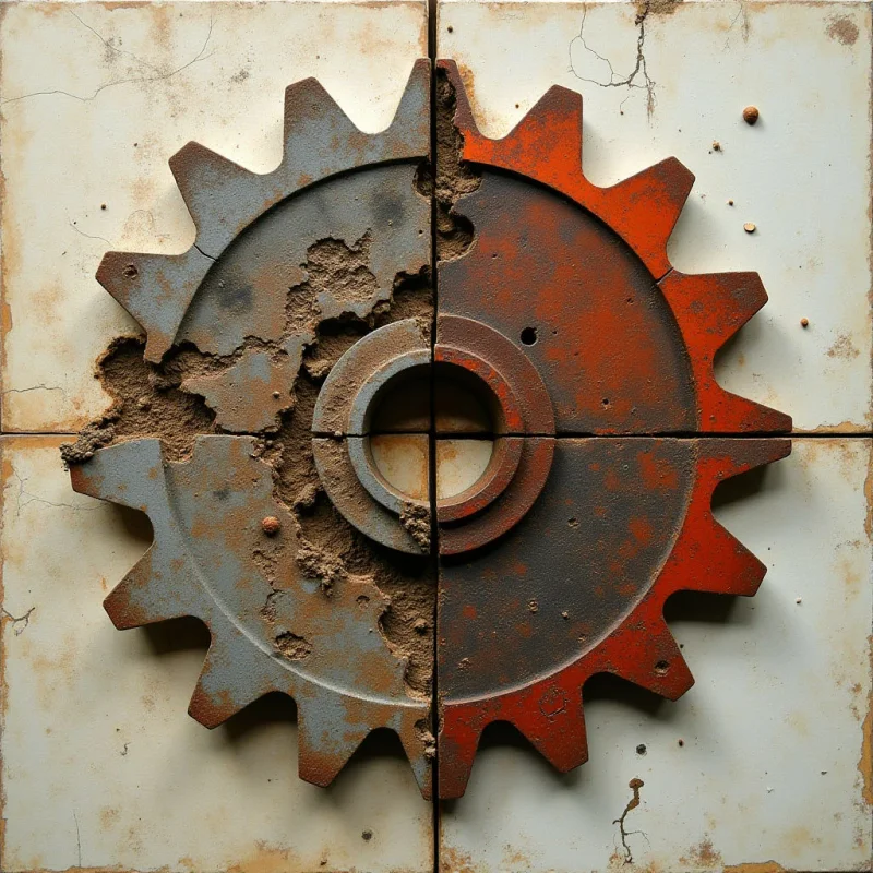 A large gear is split down the center against a cracked, off-white background. The left half features cool grey tones with rough, sandy textures and crumbling edges, while the right half displays warm orange hues with a smoother, weathered surface. The composition is symmetrical in shape but contrasting in color and texture, centered within the square frame.