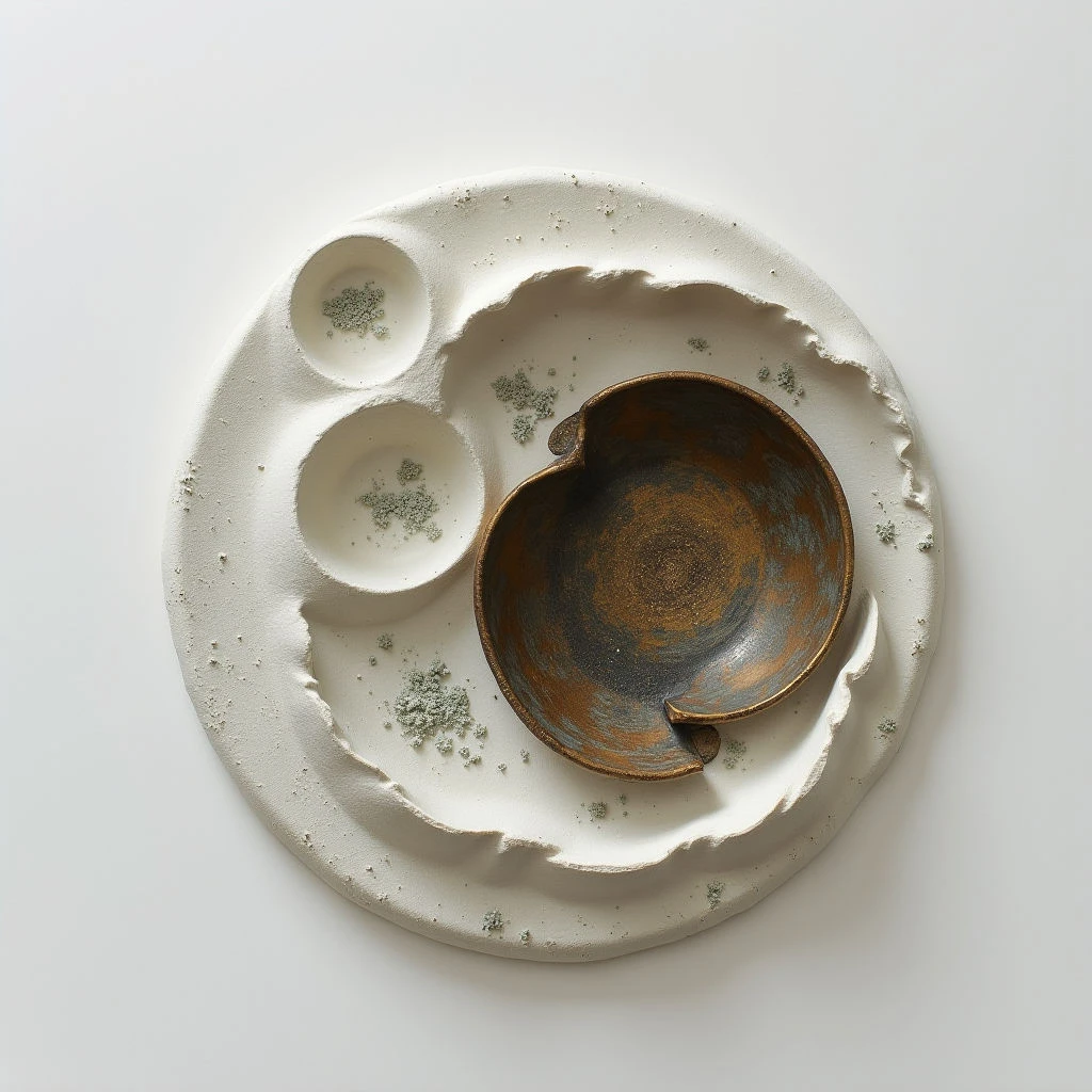 The image features a roughly circular, off-white textured surface with several indentations holding dark brown ceramic forms and small piles of pale green granular material. The larger ceramic piece is centrally located and appears bowl-shaped, while smaller rounded depressions contain the green substance and a second, smaller ceramic form. Soft, diffuse light illuminates the scene evenly, minimizing strong shadows and highlighting the varied textures of both the base surface and the objects within it.