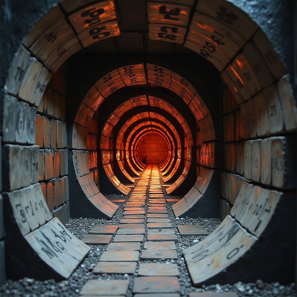 The image depicts a long, cylindrical tunnel constructed from dark brick and stone. Warm orange light emanates from the distant end of the tunnel, gradually diminishing in intensity towards the viewer and highlighting textured surfaces along the walls and floor. Repeating arch shapes create a strong sense of linear perspective, drawing the eye into the receding space where a blurred figure is visible.