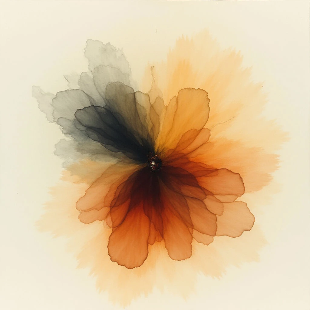 A flower-like form blooms across a pale background, created with flowing washes of color. The petals transition from dark gray and brown at the center to warm shades of orange and yellow towards the edges. A soft, radiating halo surrounds the blossom, giving it an ethereal quality.