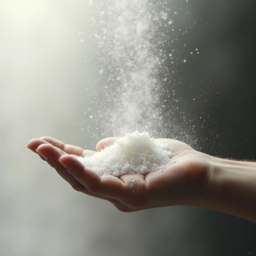 A hand gently holds a pile of what appears to be snow or fine white powder. The material is actively rising and dispersing upwards, creating a sparkling cloud against a muted grey background. Light streams in from the upper left, illuminating the delicate flakes as they float.