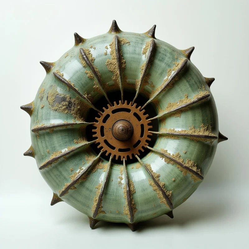A circular, sage-green object features a ridged, radial pattern of raised lines and pointed spikes surrounding a central dark brown gear. The smooth, glazed surface of the green sections contrasts with the coarse, sandy texture of the brownish deposits nestled within the grooves. Bright, even light illuminates the form from above, creating soft shadows that define its three-dimensional depth against a plain white background.