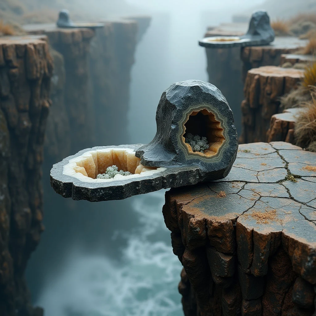 The scene is dominated by muted earth tones – browns, grays, and blues – with a hazy fog softening the overall palette. Rough, cracked textures contrast with smooth, polished surfaces within shell-like forms perched on jagged cliff edges, creating visual interest. Light appears diffused, casting soft shadows and emphasizing the depth of the canyon-like space where these structures are arranged along receding planes.