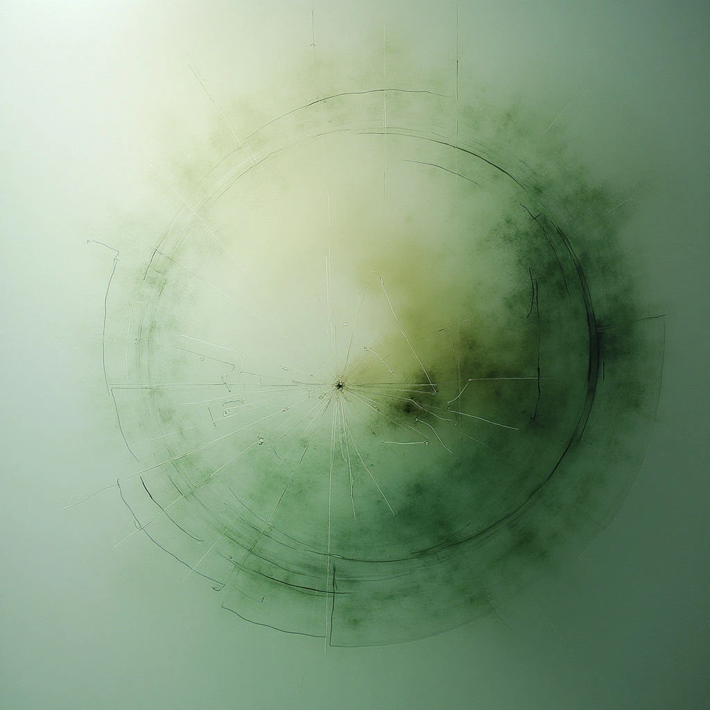 The image is dominated by pale green and yellow tones, with darker olive patches concentrated within a central circular form. Fine lines radiate outwards from the center of the circle, creating a webbed texture that contrasts with the softer, blurred areas of color. Light appears to emanate from the core, gradually diminishing towards the edges, while spatial depth is suggested through layers of translucent washes and varying densities of pigment.