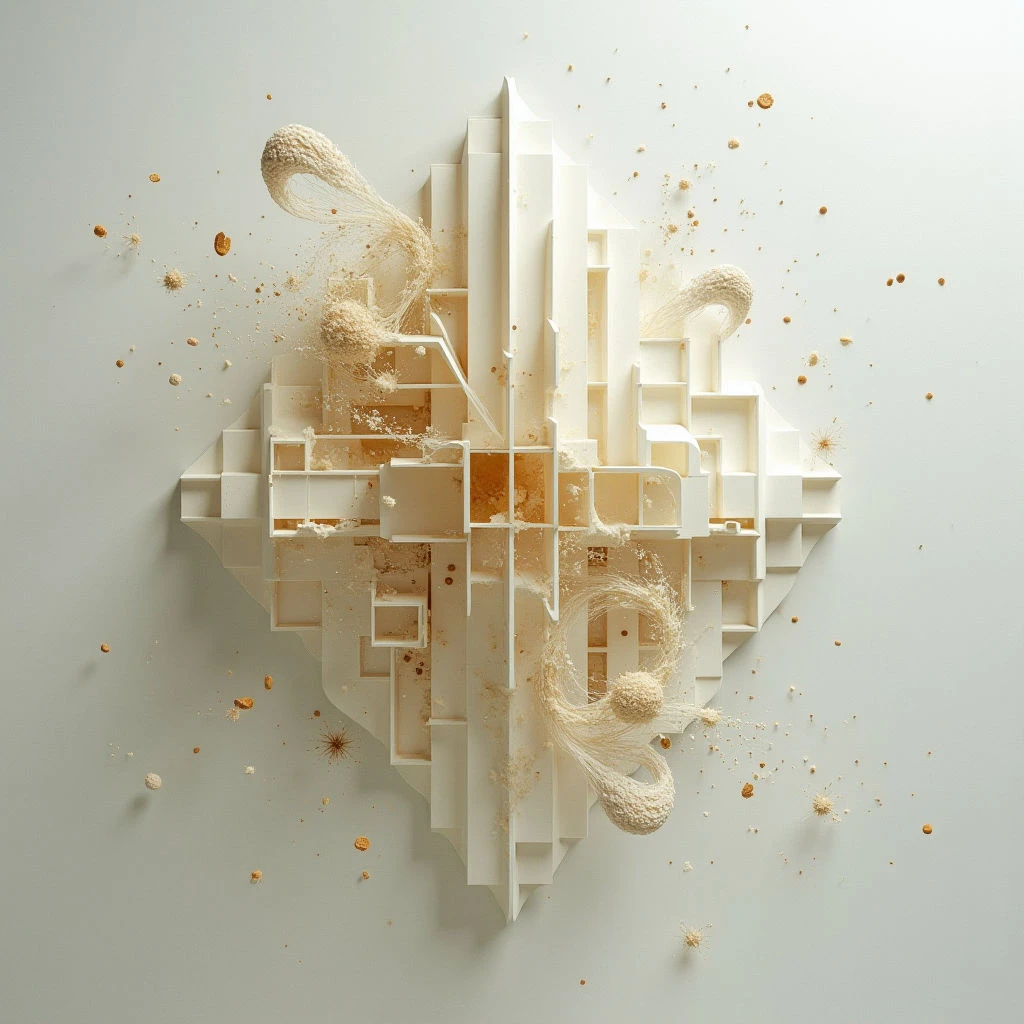 A complex, abstract structure resembling a building or city is composed of white geometric shapes and appears to be crumbling apart. Golden dust and debris float around the form, with larger clumps of similar material extending outwards like exploding fragments. The overall impression is one of delicate destruction set against a pale background.