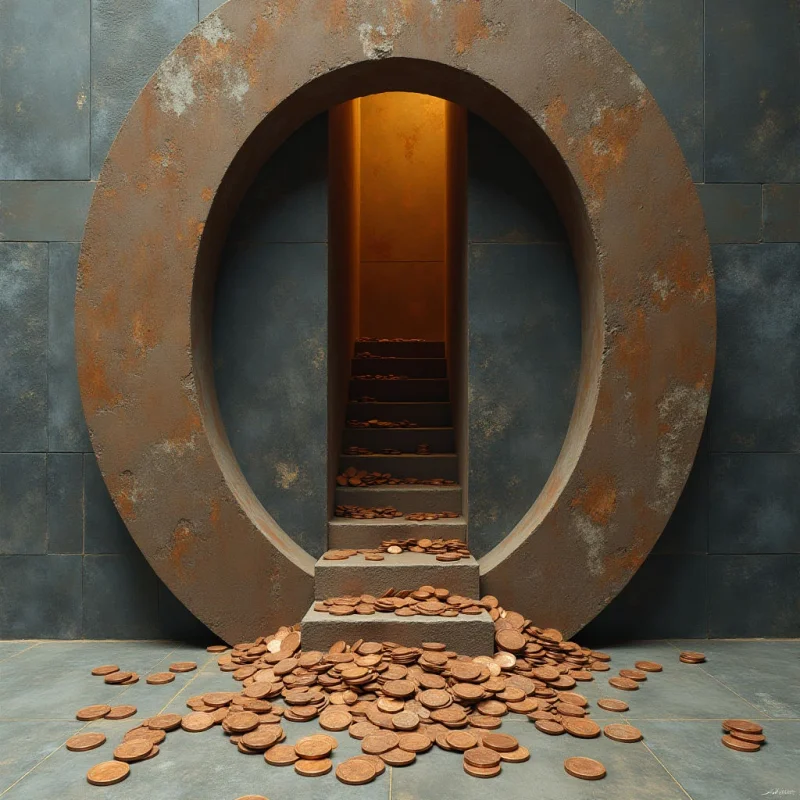 A large, circular ring with a rusted, weathered texture frames a narrow passage containing several stone steps. The composition features a palette of muted grays and earthy copper tones, with warm light emanating from the far end of the corridor. A pile of small, metallic discs is scattered across the foreground floor and spills up the stairs into the central opening.
