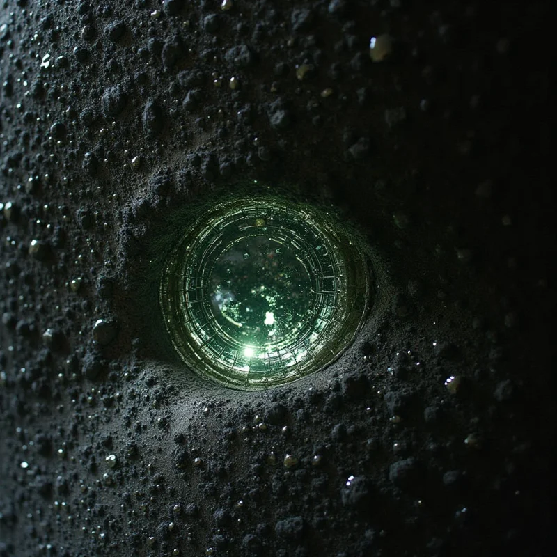 The image is dominated by dark gray and black tones with a central focal point of bright green light emanating from a circular opening. The surrounding surface appears rough and granular in texture, contrasting sharply with the smooth, metallic structure within the circle’s interior which contains repeating geometric shapes. Light diminishes as it recedes into the depth of the circular form, creating a sense of perspective and enclosure within a larger, undefined space.