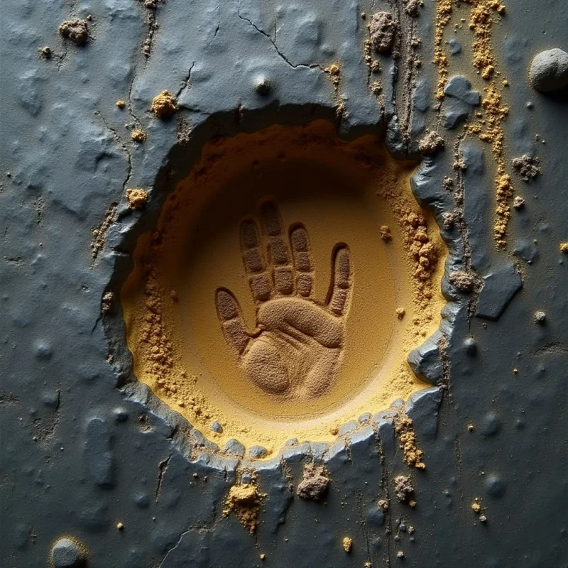 A textured, dark gray surface is broken by a central circular indentation filled with fine, ochre-colored sand. A clear handprint is pressed into the center of this golden powder, surrounded by scattered granules and irregular cracks across the surrounding stone. Light falls from above, creating subtle shadows within the indentations and highlighting the granular texture of the sand against the matte gray background.