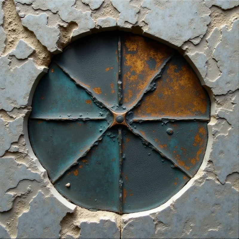 A circular metal plate with a weathered teal and rusted orange patina is set into a heavily textured, cracked grey stone surface. The plate is divided into six wedge-shaped segments by raised ridges that meet at a central hub. Light falls evenly across the composition, highlighting the contrast between the smooth, metallic segments and the rough, peeling edges of the surrounding masonry.