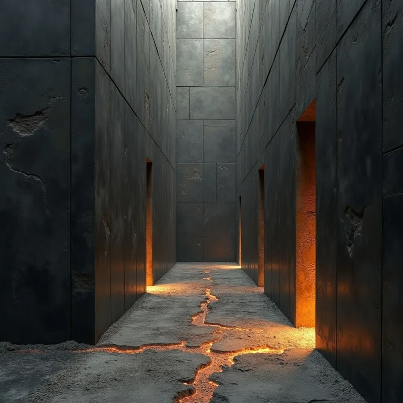 A narrow corridor is defined by towering, dark gray stone walls composed of large rectangular blocks with rough, pitted textures. A bright orange light emanates from deep within the alcoves and through a jagged fissure that snakes across the textured floor. The composition uses strong vertical lines and linear perspective to create a sense of depth leading toward a brightly lit far wall.