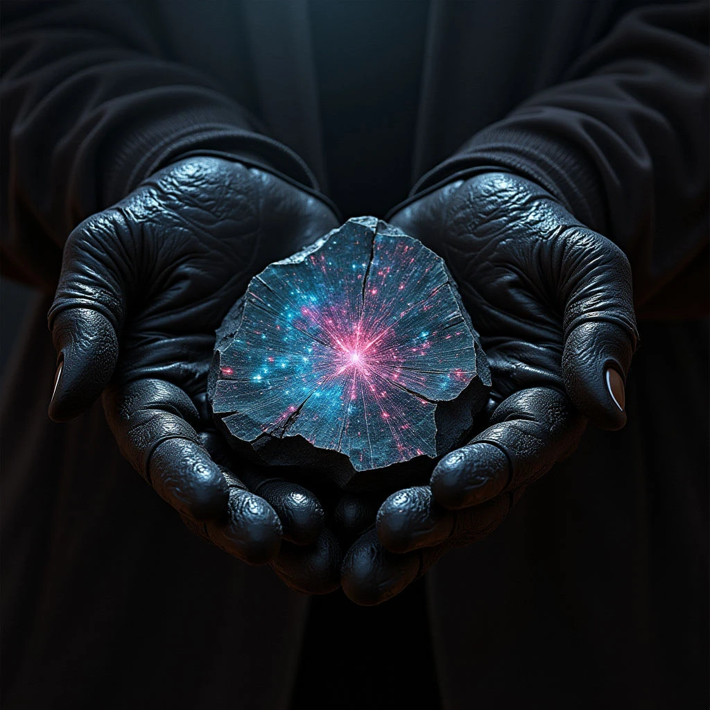 A pair of gloved hands cradle a fractured, dark stone. Within the cracks of the stone glows an intense burst of blue and pink light, resembling a miniature galaxy or nebula. The darkness surrounding the hands emphasizes the otherworldly energy contained within the object.