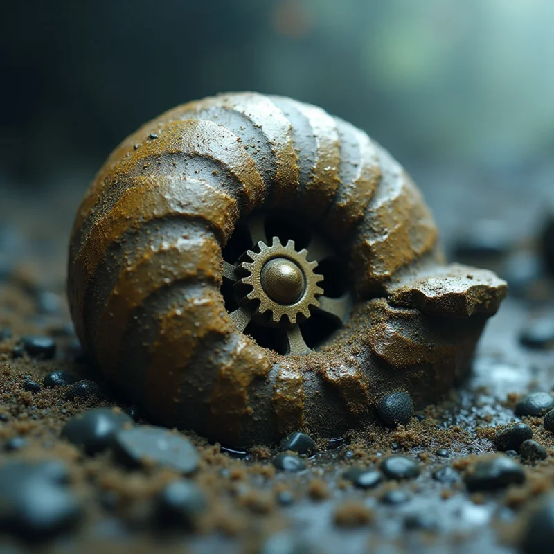 A spiral shell with a ridged, bronze-colored texture rests on a dark, granular surface composed of sand and small pebbles. A metallic gear is embedded within the center of the shell's coil, creating a contrast between organic curves and geometric teeth. Soft, diffused light illuminates the top of the object against a blurred, cool-toned background.