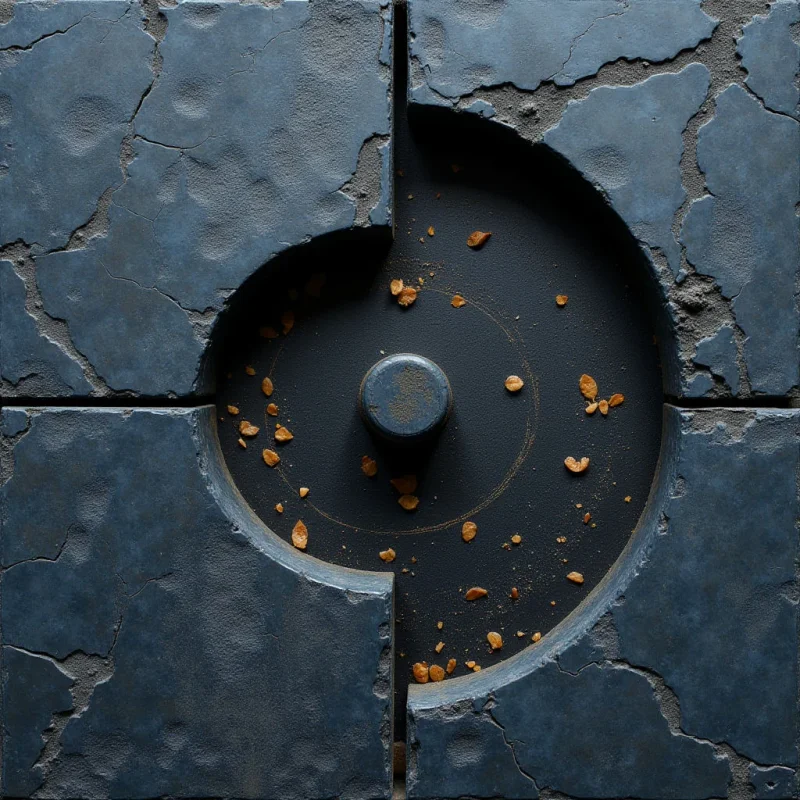 A dark blue, textured surface is divided into four rectangular quadrants by deep grooves that meet at a central circular indentation. Within the circle, a small cylindrical protrusion sits amidst scattered amber-colored fragments and fine dust. The composition features matte, cracked textures contrasted against the smooth, recessed center under soft, even lighting.