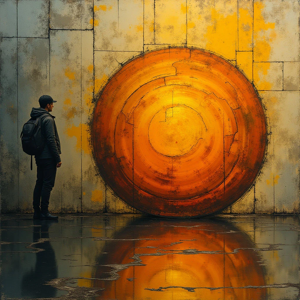 The image features a large orange circle with concentric rings dominating the right side of the frame, set against a textured gray wall with patches of yellow. A figure stands in profile on the left, facing the circle and casting a long shadow onto a reflective dark floor that mirrors the orb’s shape and color. The lighting appears focused on the circle, creating highlights and shadows that emphasize its form and contrast with the dimmer surrounding space.