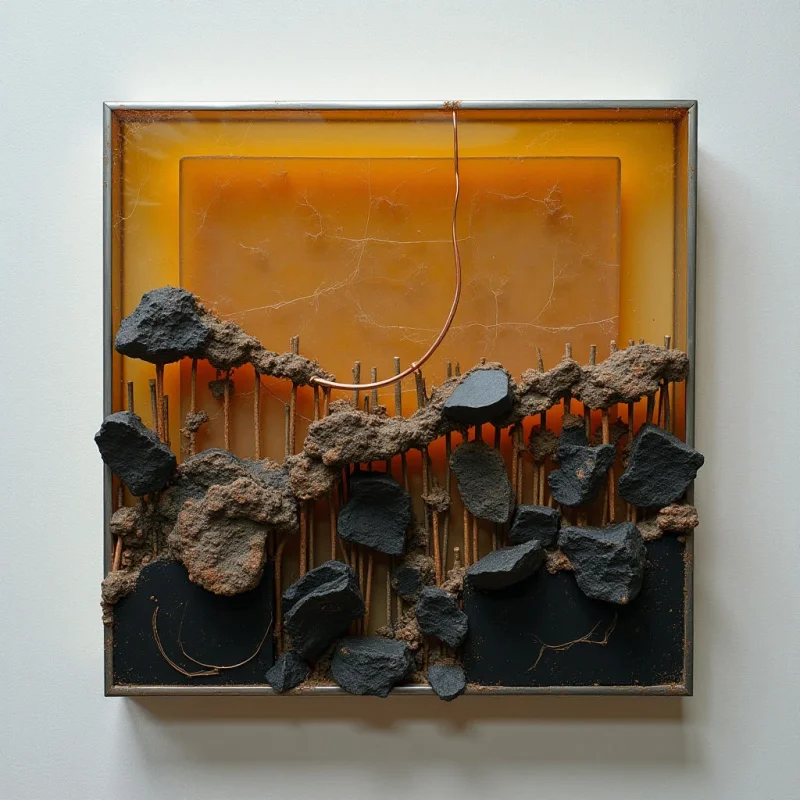 A square frame contains a translucent amber background layered over a dark, matte base. Irregular, dark grey volcanic rocks and coarse brown earth textures are suspended on thin vertical rods, creating a sense of depth across the lower half of the composition. A single, slender copper wire curves through the center, bridging the warm upper space with the textured elements below.