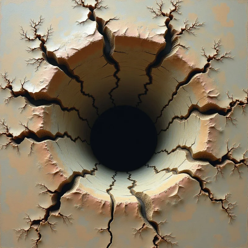 A dark, circular void sits at the center of a tan and beige surface, surrounded by deep, jagged fissures that radiate outward like branching cracks. The textures transition from smooth, matte planes to rough, craggy edges within the shadowed crevices. Light appears to descend into the central abyss, creating high-contrast shadows that define the depth and irregular shapes of the radial splits.