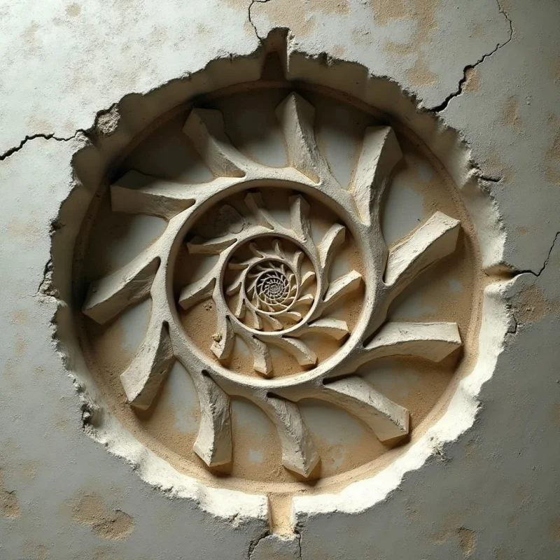 A circular relief carving featuring a central spiral motif is set within a recessed, irregular cavity of a pale, sandy-colored wall. The composition consists of radiating, tapered geometric spokes that transition from a larger outer ring to a smaller, intricate inner coil. Harsh directional lighting creates deep shadows within the crevices, emphasizing the rough, granular texture and the depth of the carved elements against the cracked surface.