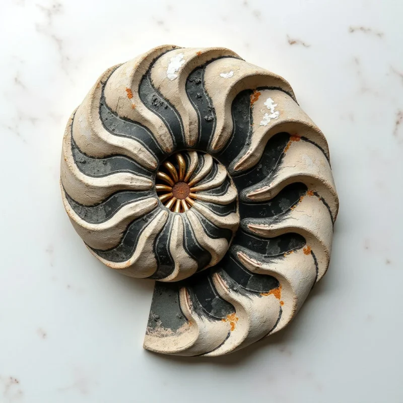 A spiral ammonite shell with a ridged, textured surface of cream and charcoal grey sits centered against a white marble background featuring faint brown veins. The composition is defined by rhythmic, curved grooves that radiate from a central golden-brown core toward the outer edges. Bright, even light illuminates the form, creating soft shadows within the deep ridges to emphasize its three-dimensional shape.
