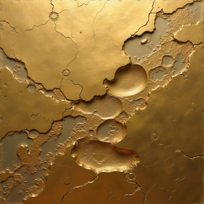 The image presents a predominantly warm golden color palette with variations in tone suggesting metallic sheen and subtle shadowing. A network of fine cracks covers much of the surface, contrasting with larger, irregular indentations that appear worn or eroded, creating a complex texture. Light appears to originate from above and slightly to the left, highlighting the raised areas and casting shadows within the depressions, giving the impression of depth and three-dimensionality.