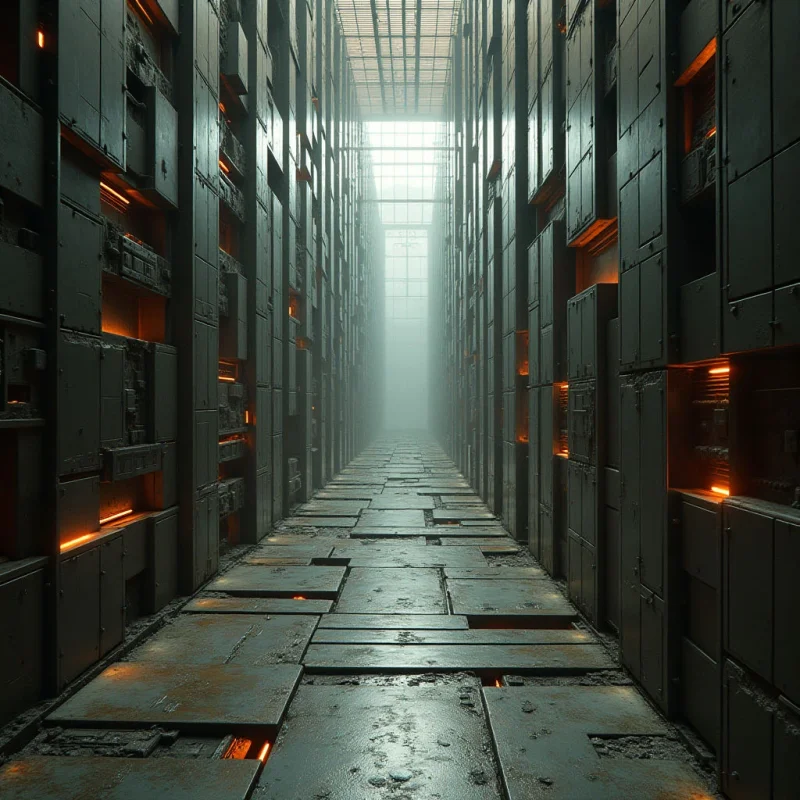 A narrow corridor is lined with tall, dark metallic walls composed of rectangular modules and recessed glowing orange panels. The floor consists of uneven, textured gray slabs that reflect soft light from a bright, misty opening at the far end of the hallway. Geometric shapes and deep shadows create a sense of linear perspective leading toward the hazy distance.