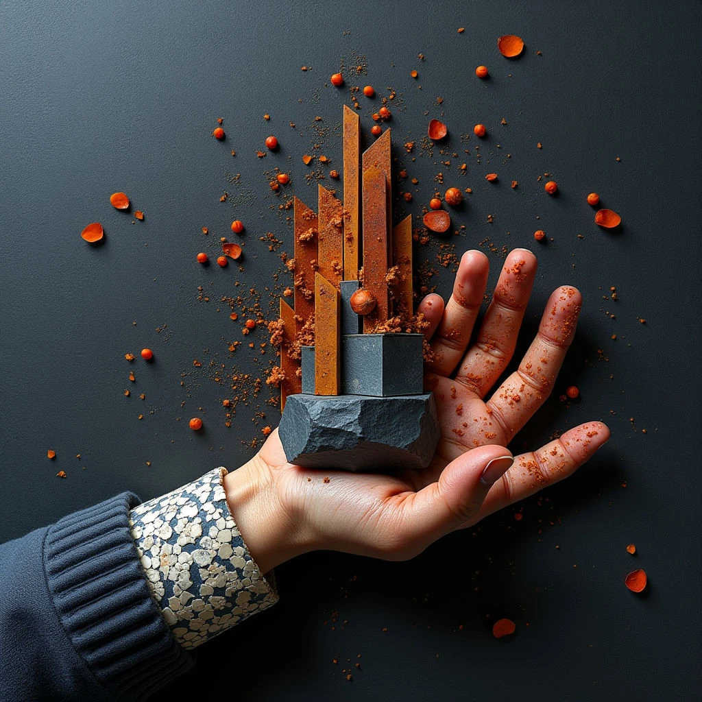 The image features a hand presenting a dark, angular structure rising from a rough, stone base, set against a muted charcoal background. Warm terracotta tones are prominent in the structure and scattered particulate matter surrounding it, contrasting with the cool gray of the base and the skin tone of the hand. Light appears to originate from above, casting subtle shadows and highlighting textures ranging from smooth skin to granular surfaces and sharp edges.