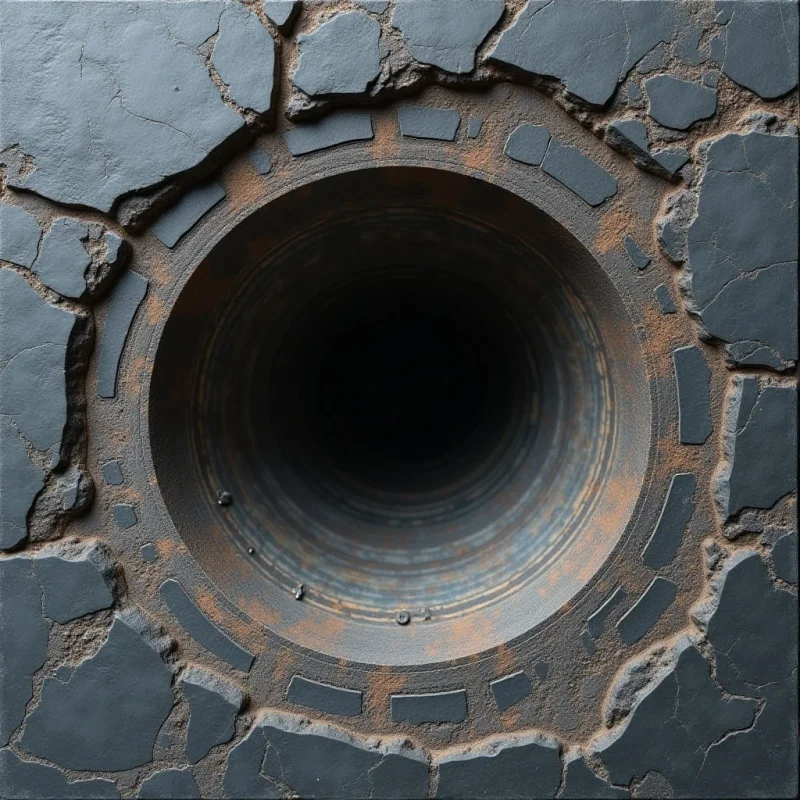 The image features a dark, circular opening surrounded by irregularly shaped, slate-grey stone pieces. The interior of the tunnel is black and appears to recede into shadow, while the surrounding stones exhibit rough, fractured textures with visible cracks and variations in tone. A ring of reddish-brown material frames the opening, contrasting with both the dark center and the cooler grey of the exterior stones, creating a sense of depth.