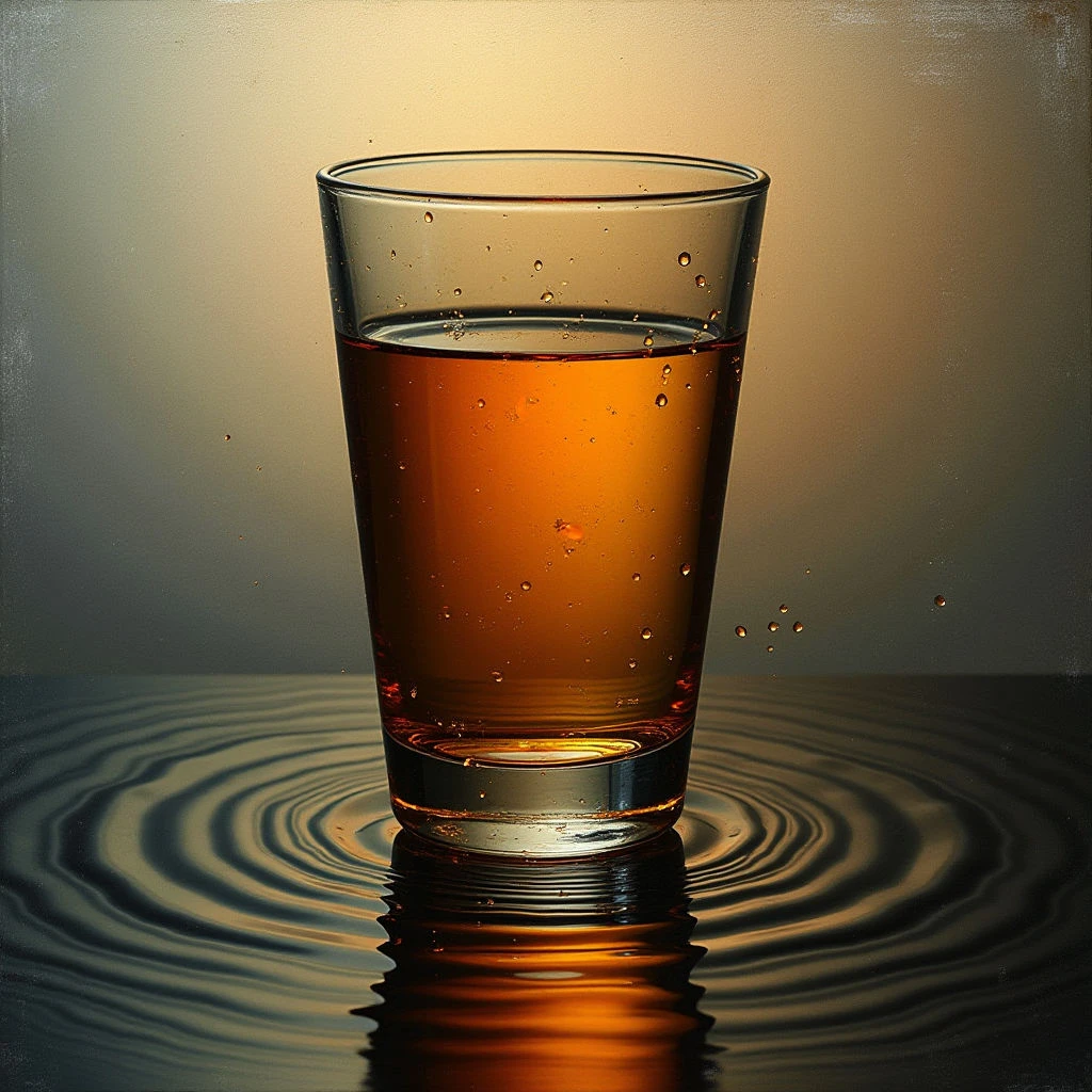 The image features a tall glass partially filled with a dark amber liquid against a gradient background shifting from gray to gold. Concentric ripples emanate outwards from the base of the glass on a reflective black surface, creating circular shapes that contrast with the straight lines of the vessel. Light appears strongest on the lower portion of the glass and in its reflection, highlighting the texture of water droplets clinging to its sides.