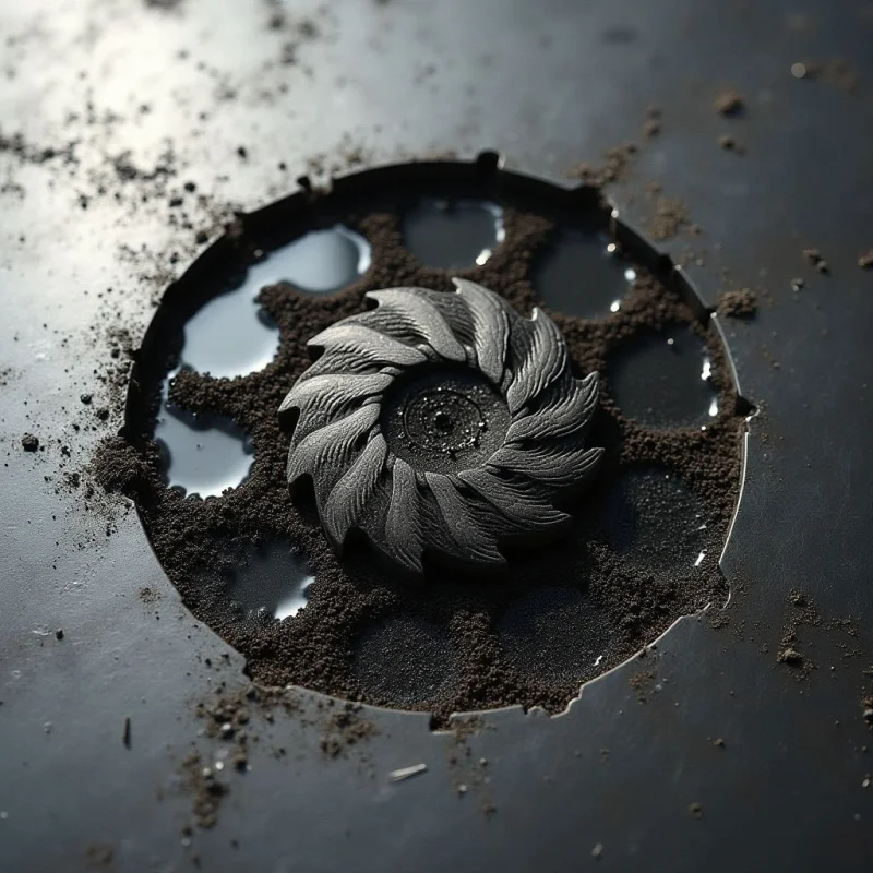 A dark, monochromatic palette of charcoal and black dominates the scene, featuring a central textured sculpture with swirling, petal-like ridges. The object rests within a circular indentation filled with granular, soil-like particles and reflective pools of liquid. Soft light creates subtle highlights on the wet surfaces and deep shadows within the crevices of the central form.