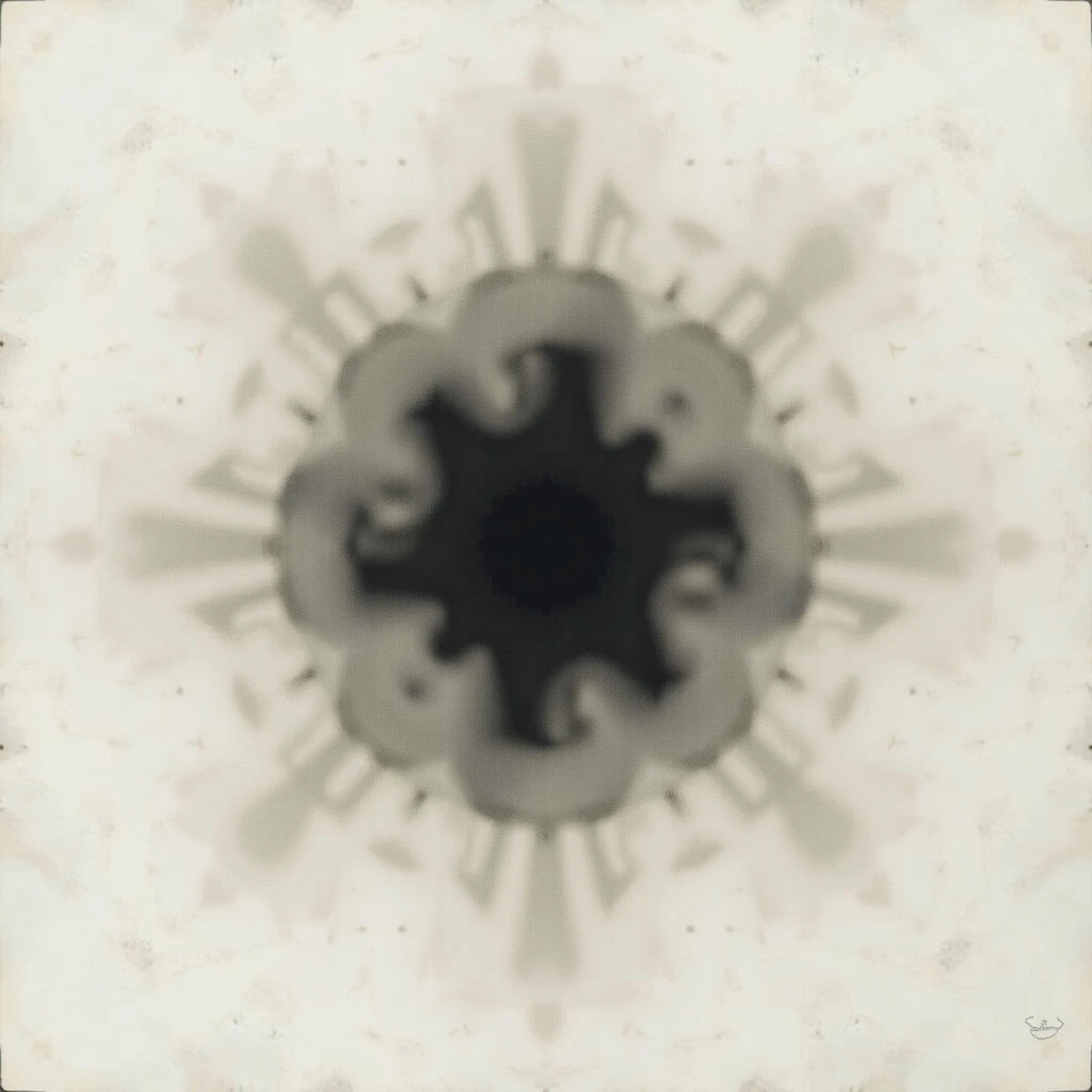 A dark, gear-shaped form sits at the center of a radiating burst of light and shadow. The edges of the central shape are soft and blurred, while wisps extend outwards like sun rays or petals. The overall tone is muted and slightly aged, with a grainy texture suggesting it could be an old photograph or print.