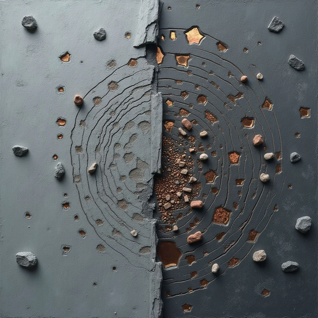 The image presents a largely gray surface bisected vertically into two distinct textural areas. One side features concentric carved rings filled with a matte, rough texture, while the other displays similar rings revealing a copper-toned granular material and scattered small stones. Light appears diffuse, casting subtle shadows that emphasize the depth of the carvings and the three-dimensional quality of the embedded elements across both halves of the composition.